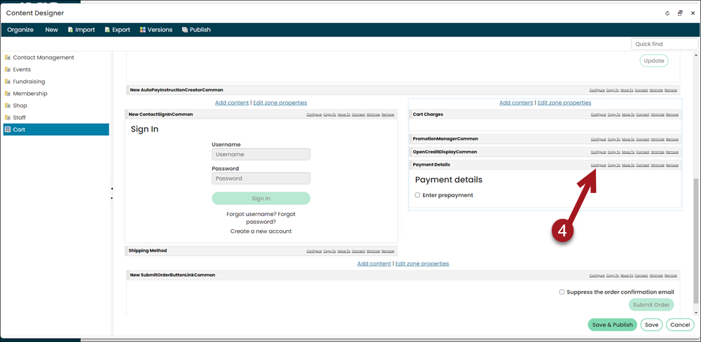 Selecting configure on the payment details content item